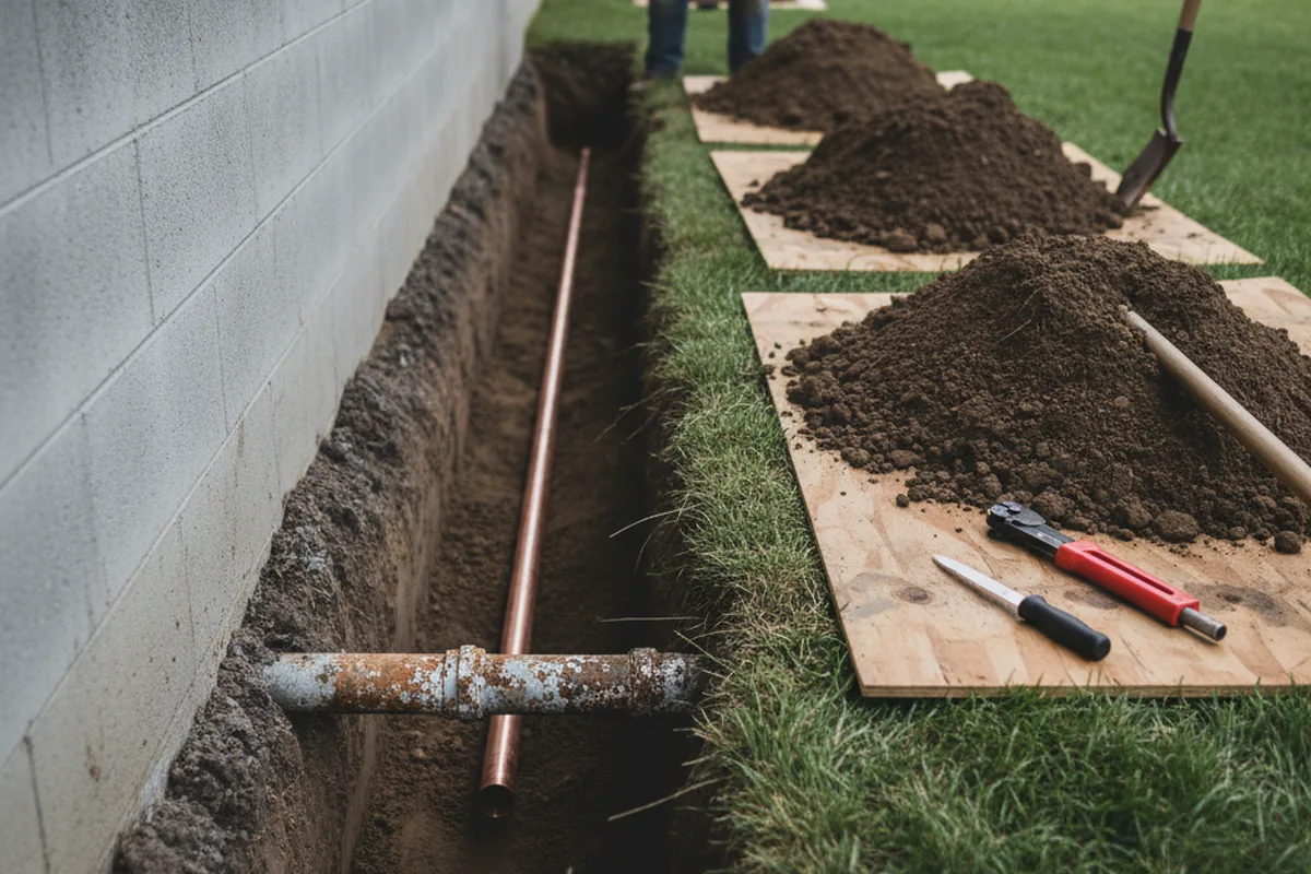 Excavated water line trench during Sewer Line Repair in Beggs